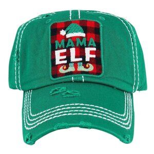 KBETHOS Distressed Green 'Mama Elf' Baseball Cap Hat Buffalo Plaid Accents NWT